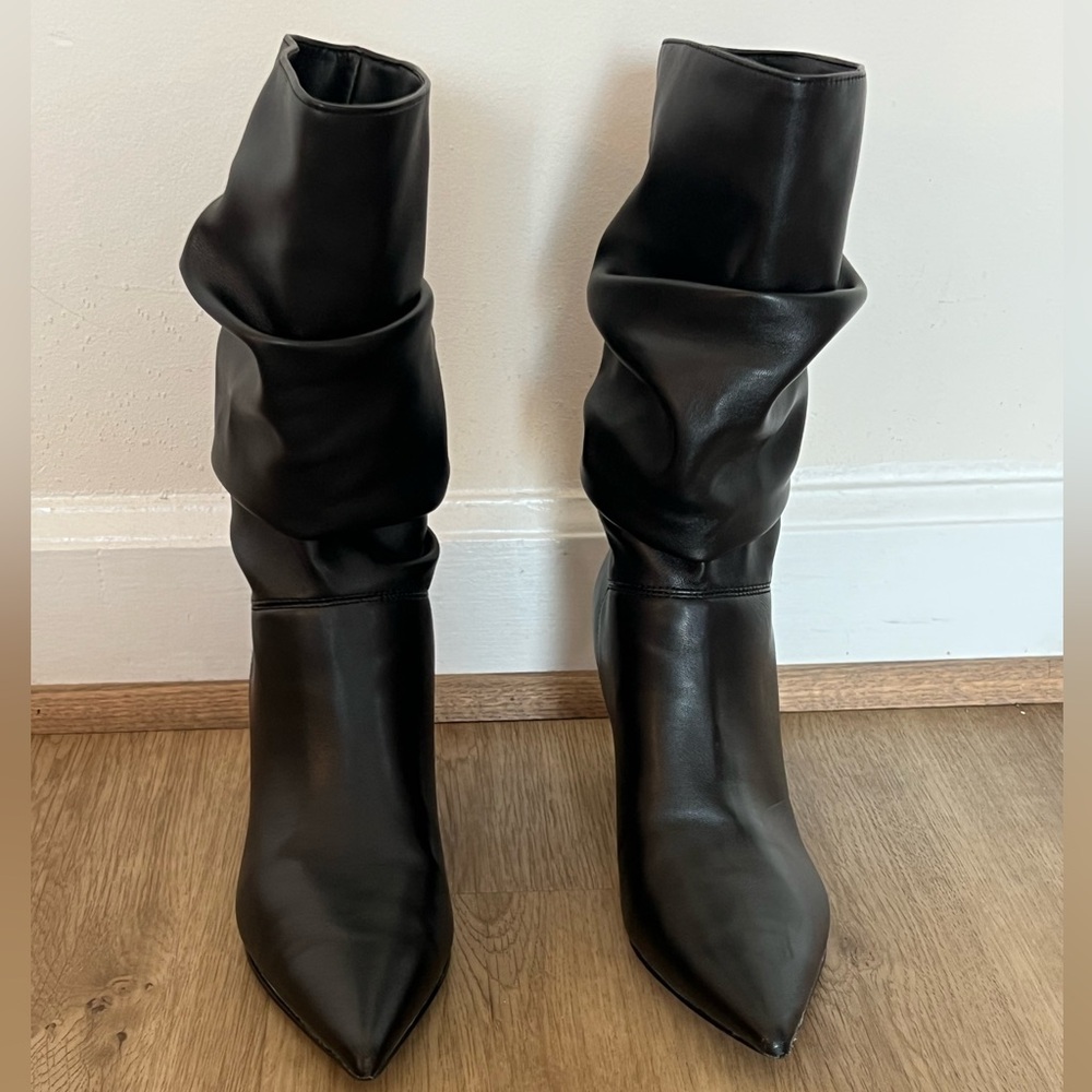 Marc Fisher Black Slouchy Ankle Boots Pointed Toe Heels Size 6.5 Like New In Box